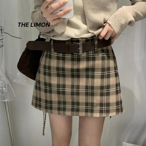 819 THE LIMON檸檬綠茶經典複古辣妹格紋防走光半身裙(配腰帶2025鞦季
