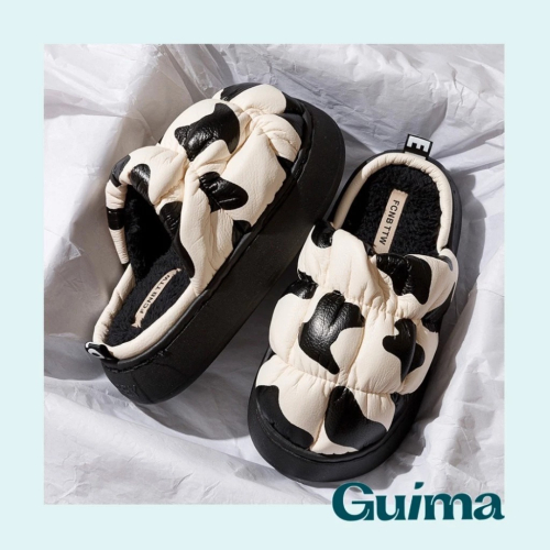 【Guima｜現貨】可愛小乳牛 保暖加絨拖鞋 個性潮流拖鞋 厚底刷毛拖鞋 可愛拖鞋 秋冬踩屎拖鞋 厚底毛毛拖鞋