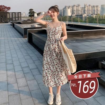 【台灣發貨】韓版夏天小清新碎花收腰吊帶連衣裙女 連身裙 吊帶裙 吊帶褲 女裝【S260】