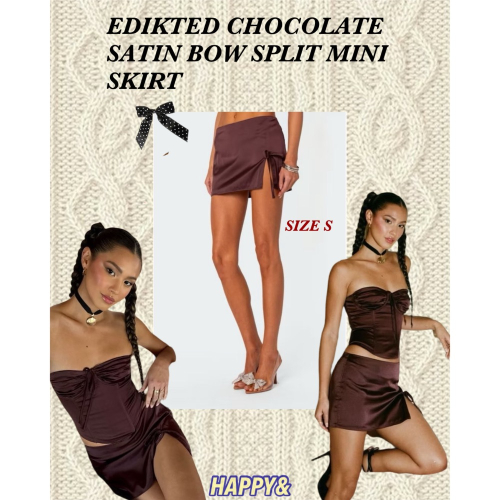 Edikted深咖啡色緞面側開衩蝴蝶結綁帶短裙