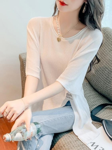 DearGod正韓女裝夏季新款條紋開叉設計感小眾針織衫中長款寬松短袖打底衫上衣女裝