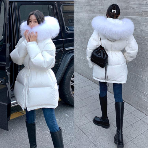 DearGod正韓女裝韓國仿真毛領連帽棉服女冬新款網紅寬松抽繩收腰中長款棉衣外套潮