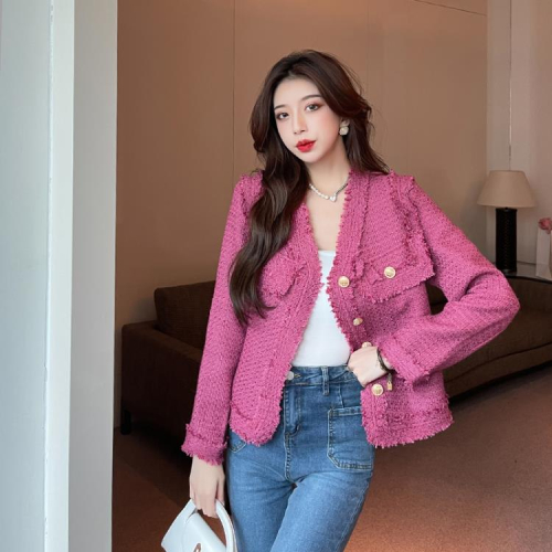 DearGod正韓女裝高級感粗花呢小香風外套女秋時尚v領流蘇單排扣小個子玫紅色上衣