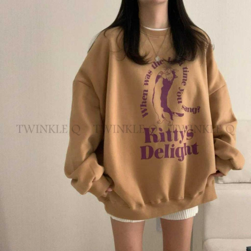 ?TwinkleQ韓國代購-預購✈️東大門?南大門正韓 大學t 貓咪 字母印花 拉絨 韓國t恤 休閒上衣 長t 大學踢