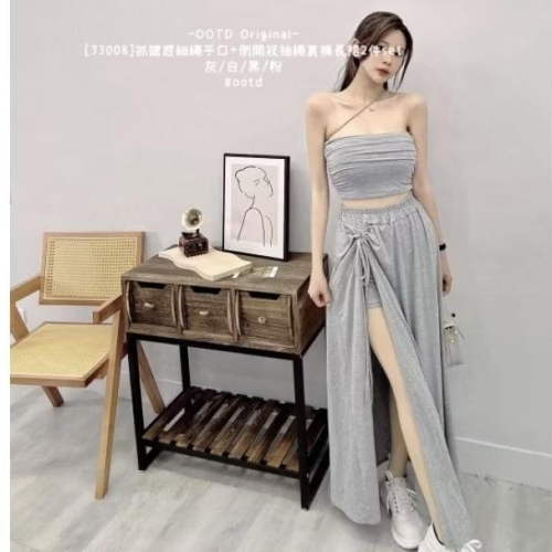 ?現貨黑/粉/灰? 33008抓皺細繩平口上衣平口背心+側開衩抽繩長裙兩件式套裝渡假洋裝渡假穿搭日常穿搭約會套裝