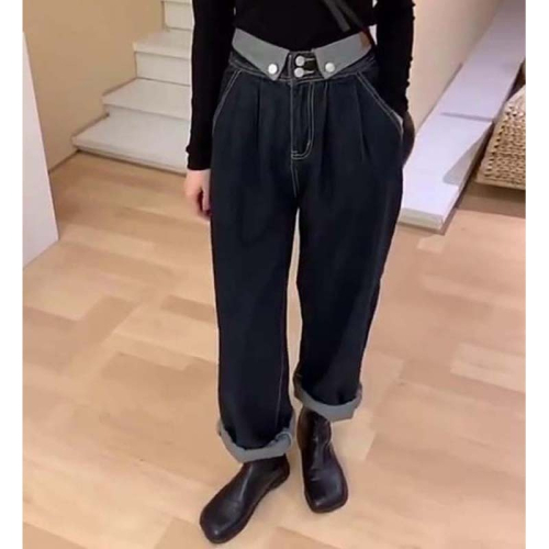 歐洲站拼色時尚設計感闊腿牛仔褲女深色顯瘦高腰寬松秋新款潮
