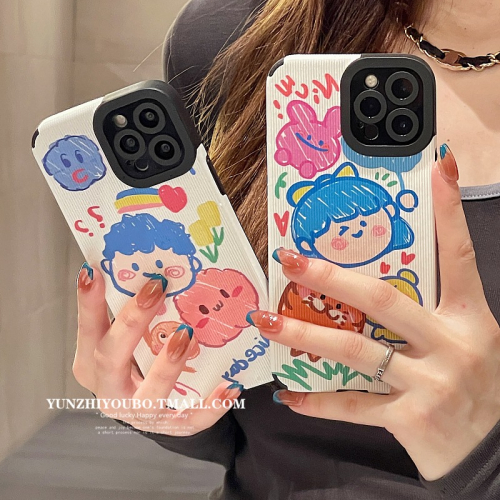 情侶卡通塗鴉適用iphone13/12pro max蘋果11手機殼iphonex皮紋軟殼xsmax創意x/xr日韓8pl