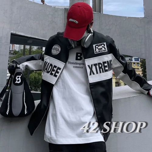 ?? ???? ?????? | 美式复古PU皮賽車拉鍊機車刺繡棒球服ins潮牌宽松夾克