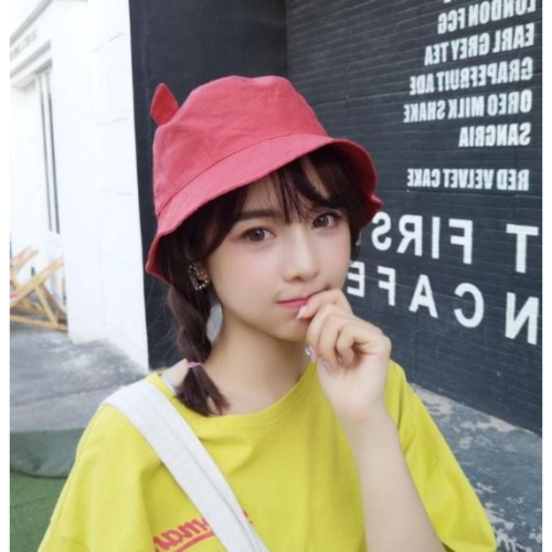 漁夫帽 觸角漁夫帽 穿著 帽子 磚紅色 萌日系chic可愛小耳朵漁夫帽子女夏天出游遮陽帽學生軟妹純色盆帽