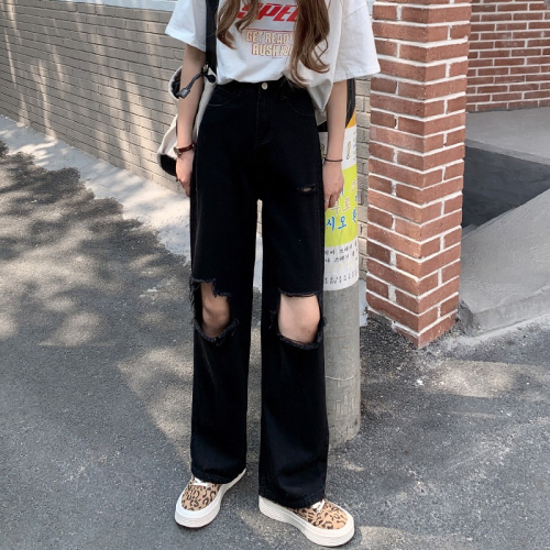 黑色破洞牛仔褲女夏季2022年新款直筒寬松顯瘦百搭大碼闊腿褲子潮