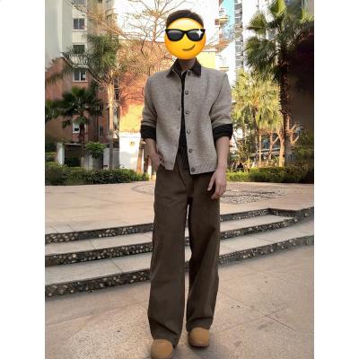 張凌赫同款水洗咖色闊腿牛仔褲男人夫感穿搭cleanfit彎刀微喇長褲