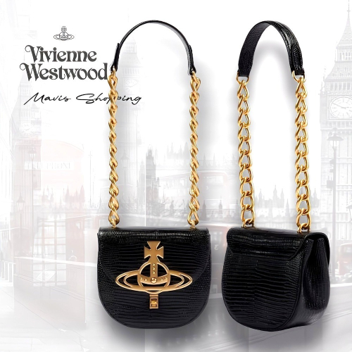 ??Vivienne Westwood黑色翻蓋-金色Logo斜背包/小號蜥蜴皮革斜/肩背鏈條和皮革包包
