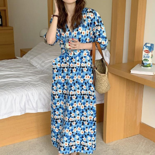 DearGod正韓女裝韓國chic夏季復古甜美減齡v領藍底碎花收腰系帶氣質長款連身裙女