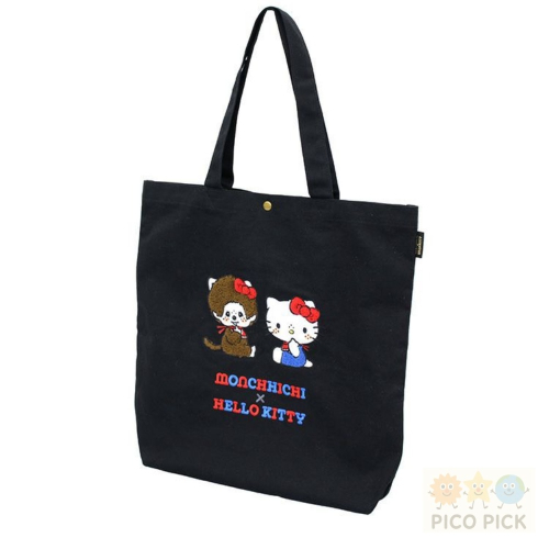 日本?? 【Monchichi × Hello Kitty 聯名刺繡托特包 / 刺繡托特包小提袋】黑色A4手提袋