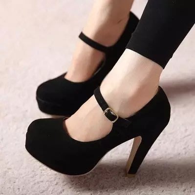 高跟鞋 新款女式單鞋超鞋舒適成熟純色搭扣女式超大碼42黑色單鞋